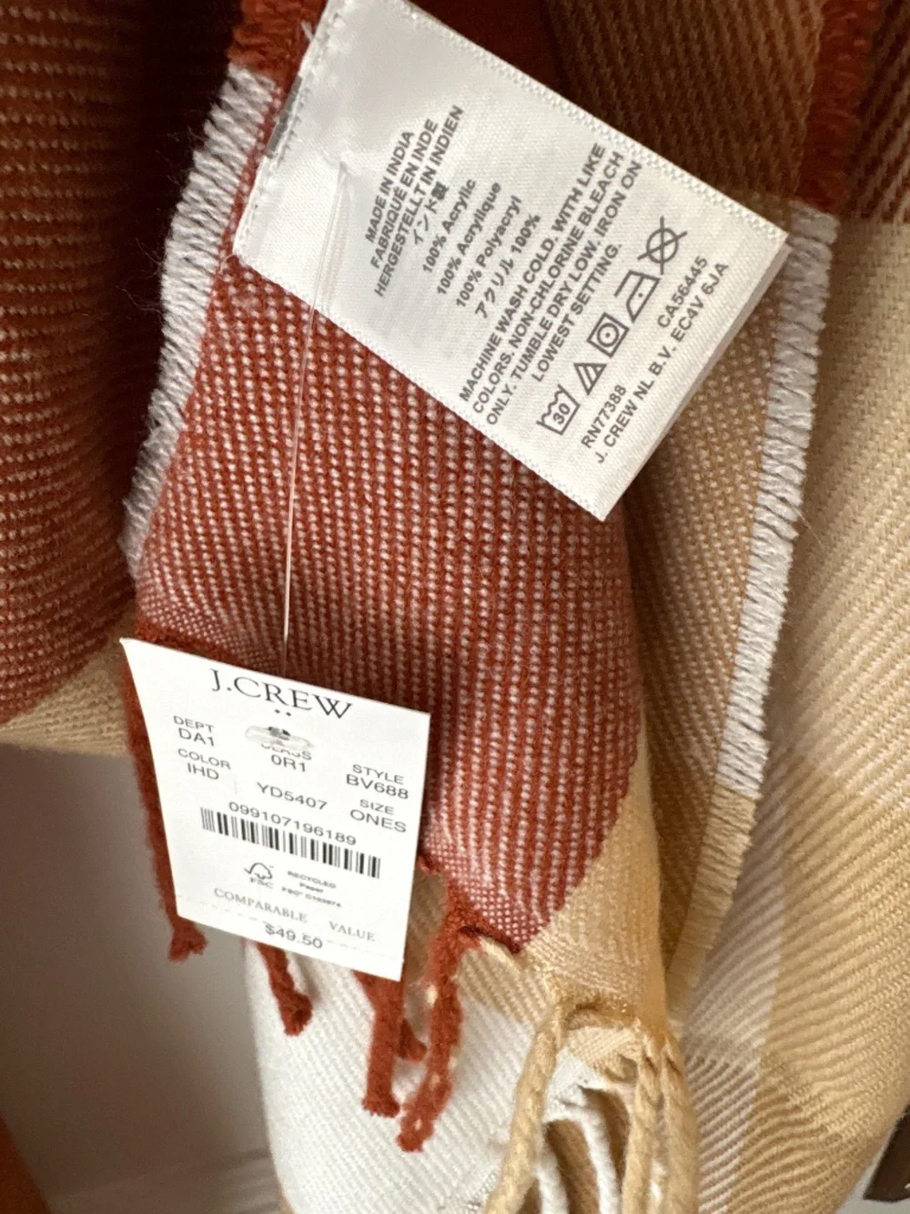 JCrew Classic Scarf, ivory hot dessert, NWT